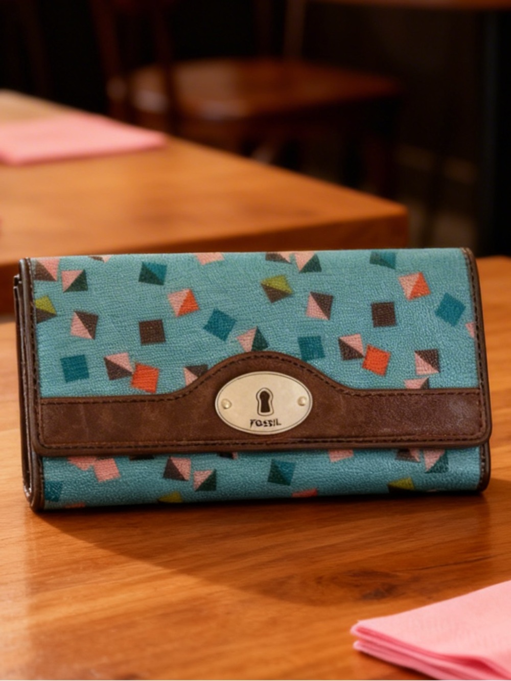 Fossil Blue and Brown Wallet with Retro Geometric Pattern